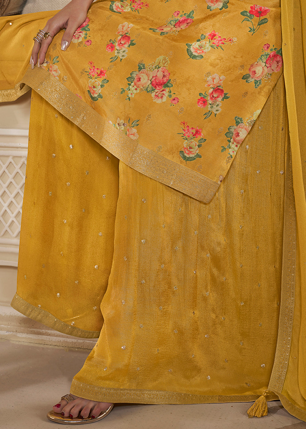 Canary Yellow Jacquard Dola Silk Suit with Digital Floral Printed