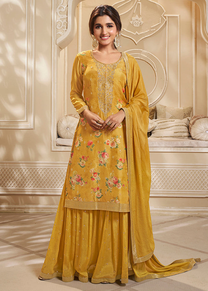 Canary Yellow Jacquard Dola Silk Suit with Digital Floral Printed