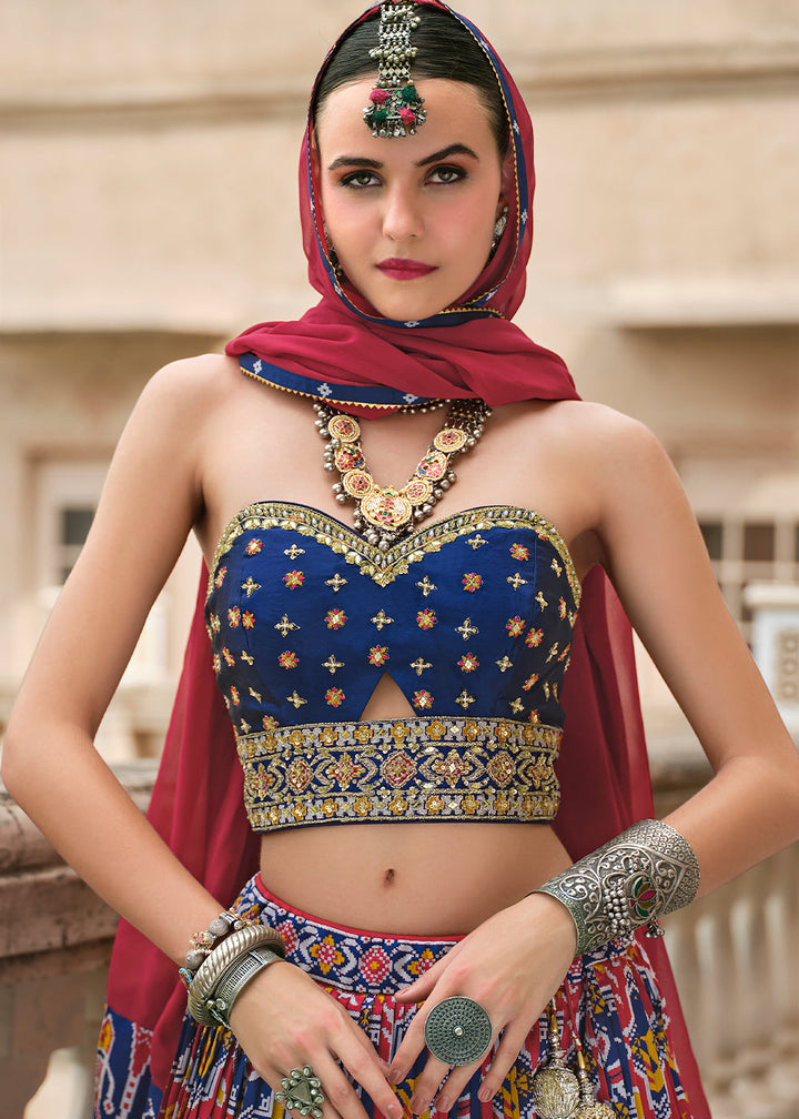 Red & Blue Silk Lehenga Choli with Patola Prints, Zari, and Embroidery