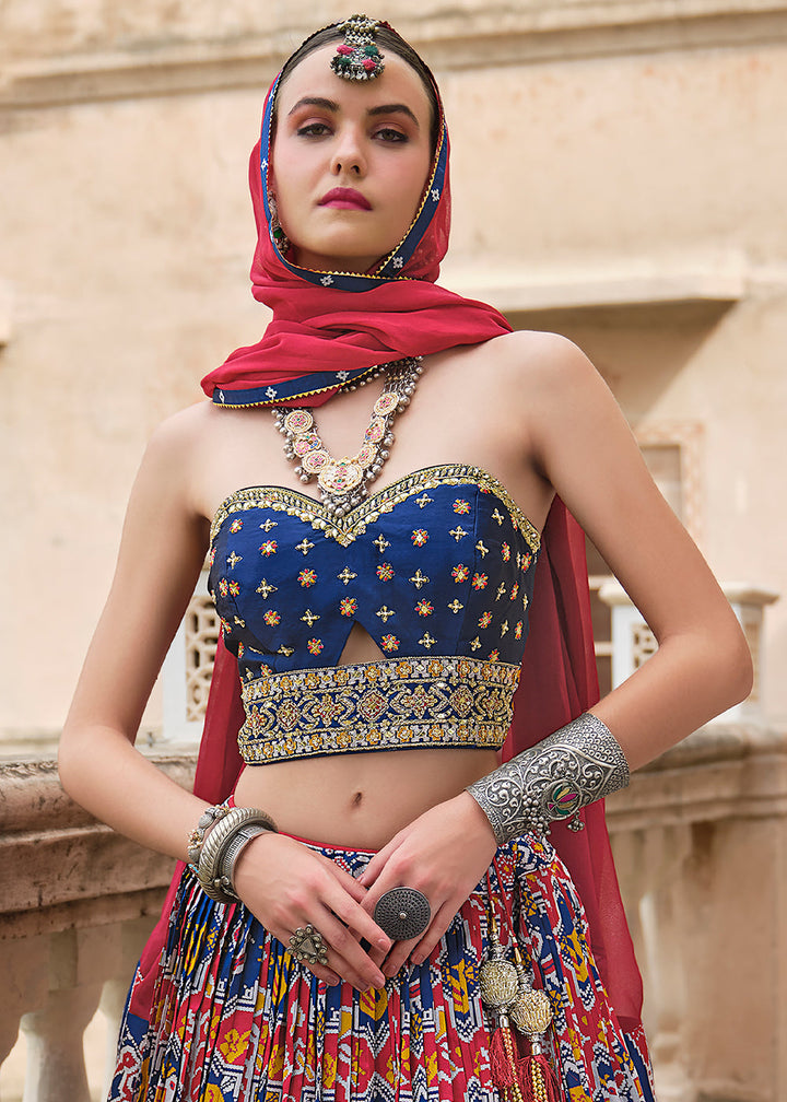 Red & Blue Silk Lehenga Choli with Patola Prints, Zari, and Embroidery