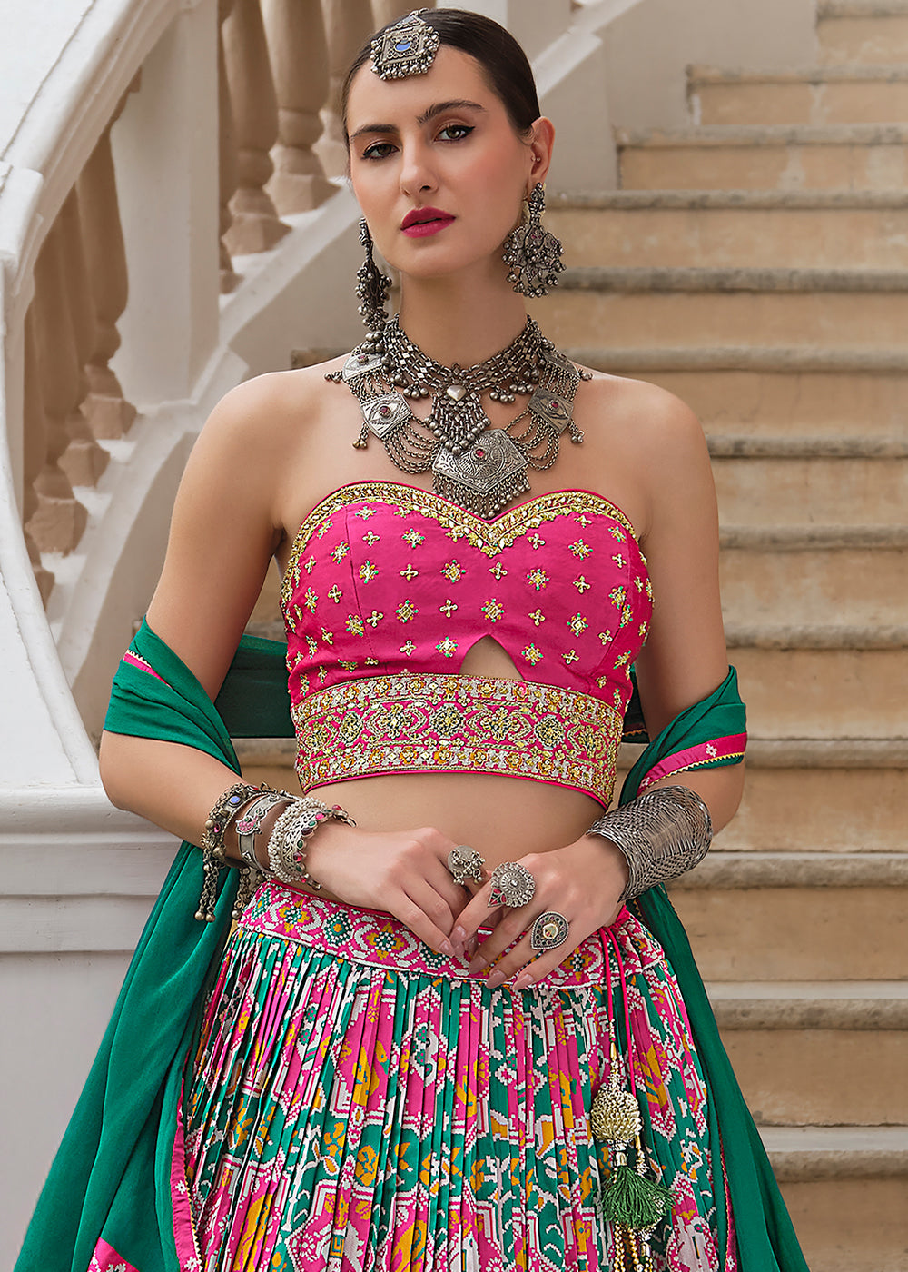 Green & Pink Silk Lehenga Choli with Bandhani Prints, Zari, and Embroidery