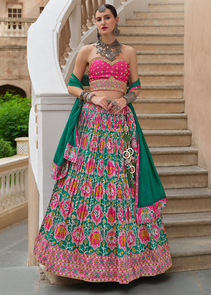 Green & Pink Silk Lehenga Choli with Bandhani Prints, Zari, and Embroidery