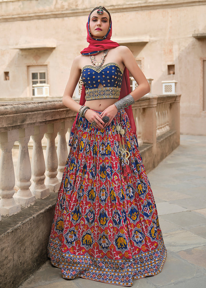 Red & Blue Silk Lehenga Choli with Patola Prints, Zari, and Embroidery