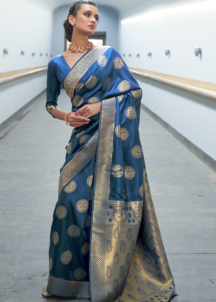 Aegean Blue Woven Banarasi Silk Saree with overall Butti