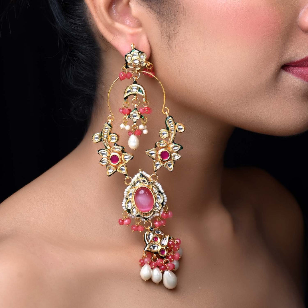 Pragti Long Kundan Earrings With Pink Stone