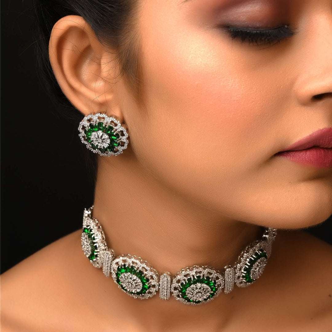 Neelofar Green Diamond Silver Plated Necklace Set