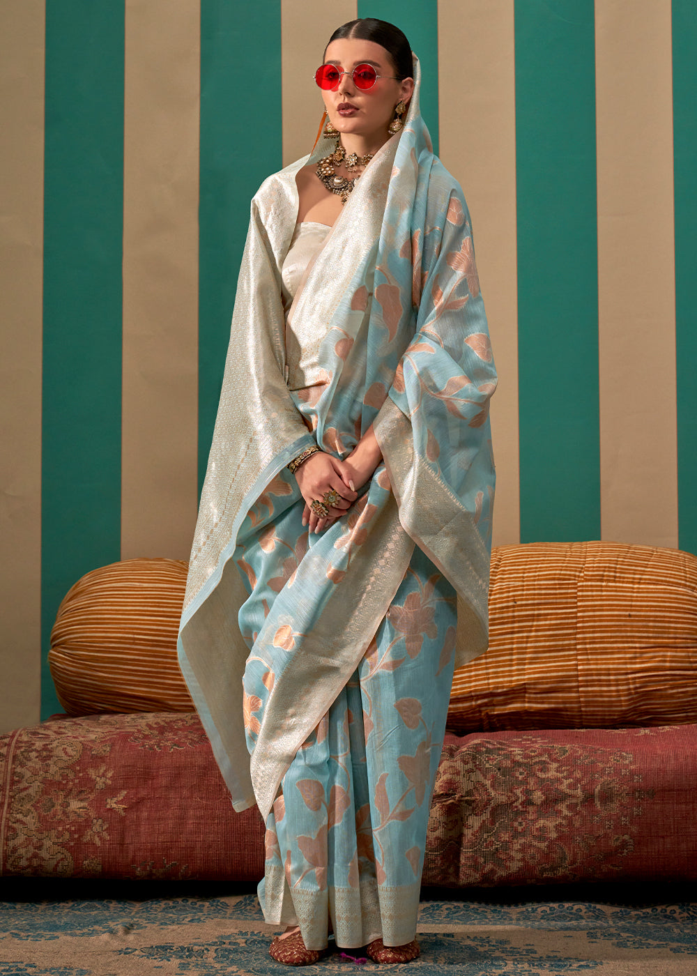 Sky Blue Linen Silk Saree having Floral Zari work