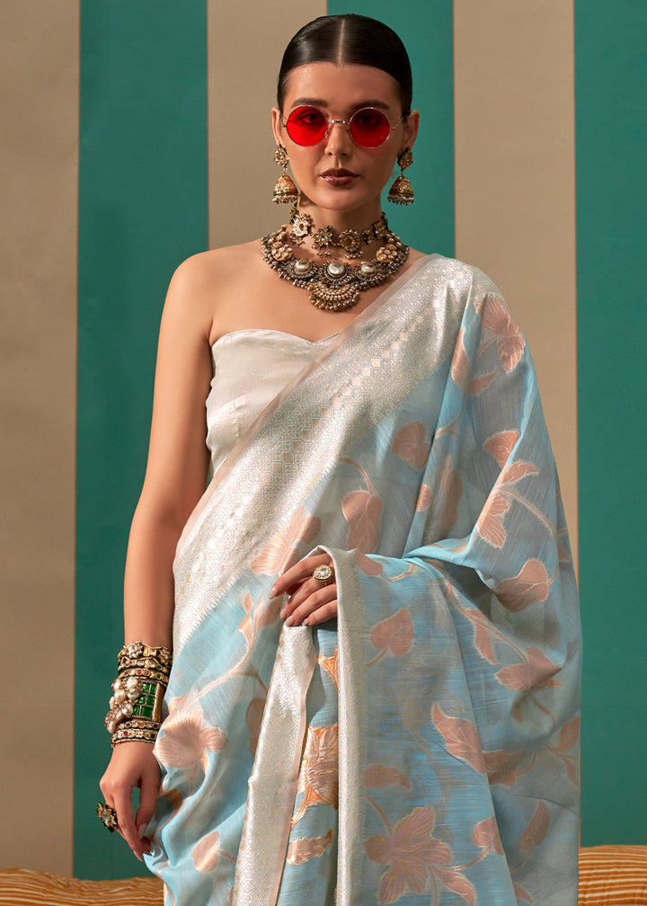 Sky Blue Linen Silk Saree having Floral Zari work