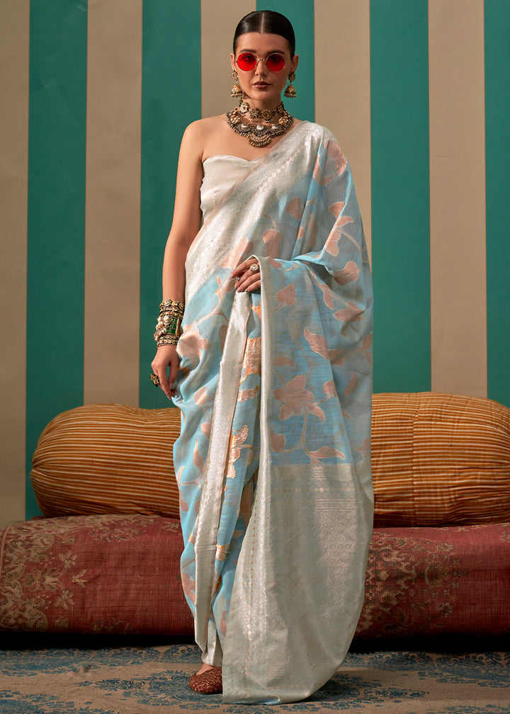 Sky Blue Linen Silk Saree having Floral Zari work