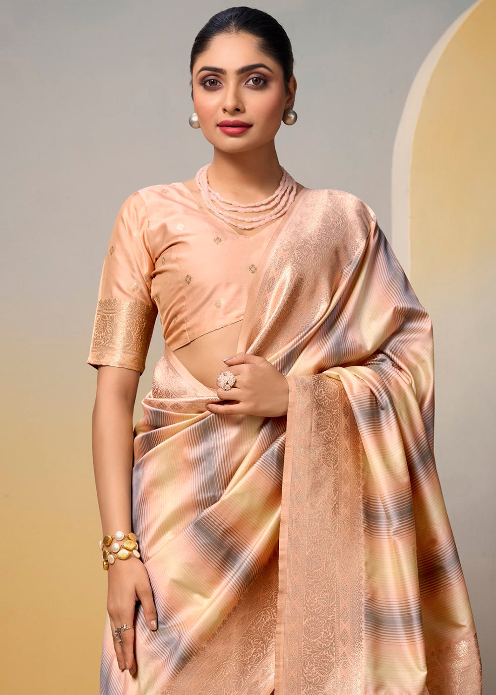 Light Peach Pink Zari Woven Silk Saree with Multi Colored Shades