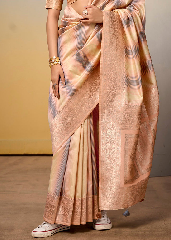 Light Peach Pink Zari Woven Silk Saree with Multi Colored Shades