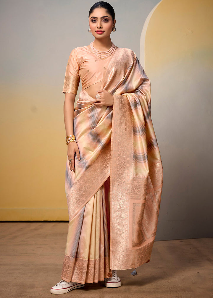 Light Peach Pink Zari Woven Silk Saree with Multi Colored Shades