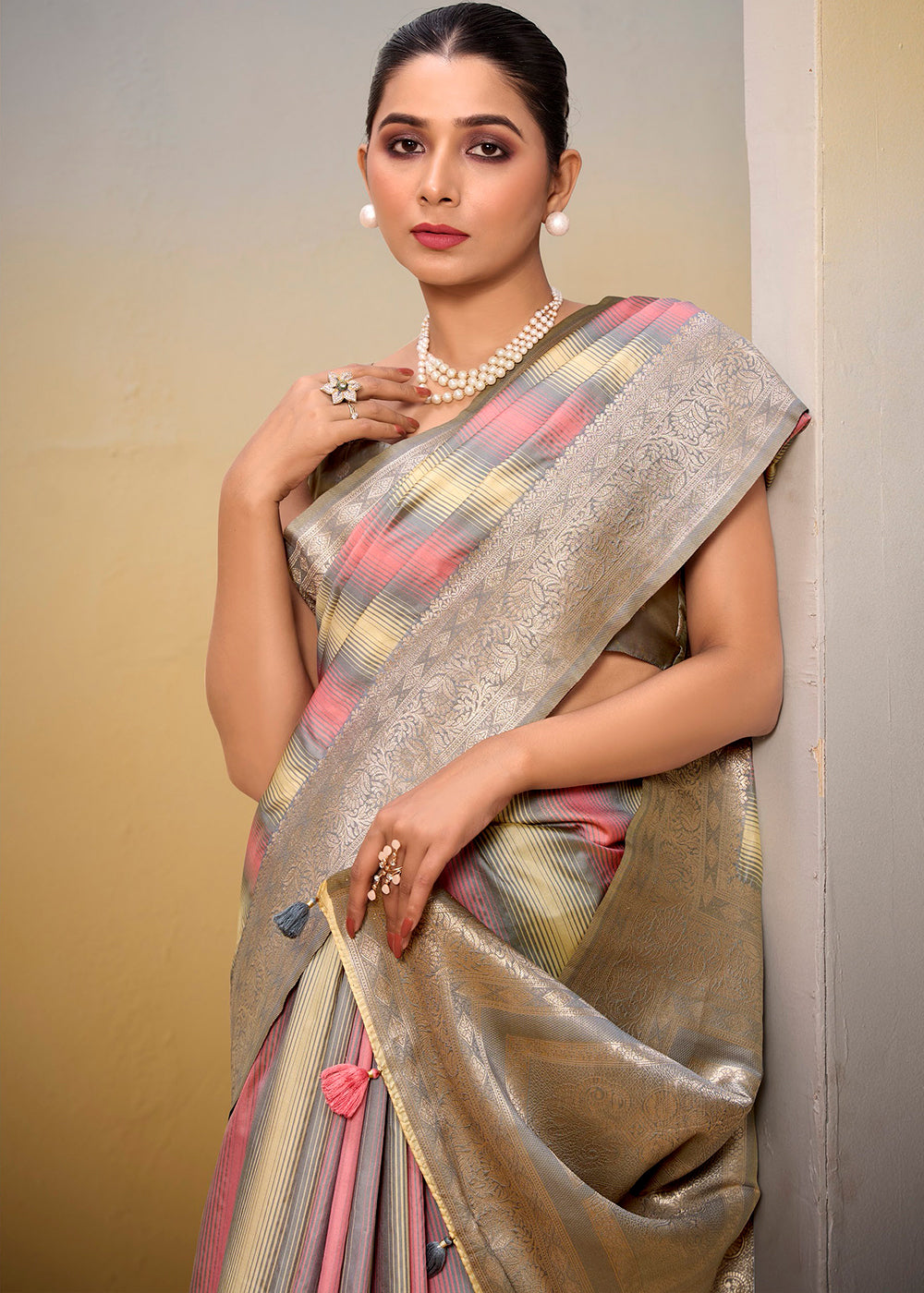 Light Grey Zari Woven Silk Saree with Multi Colored Shades