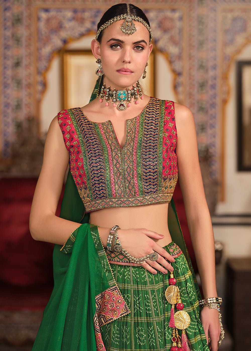 Forest Green Silk Lehenga Choli with Zari and Embroidery Accents