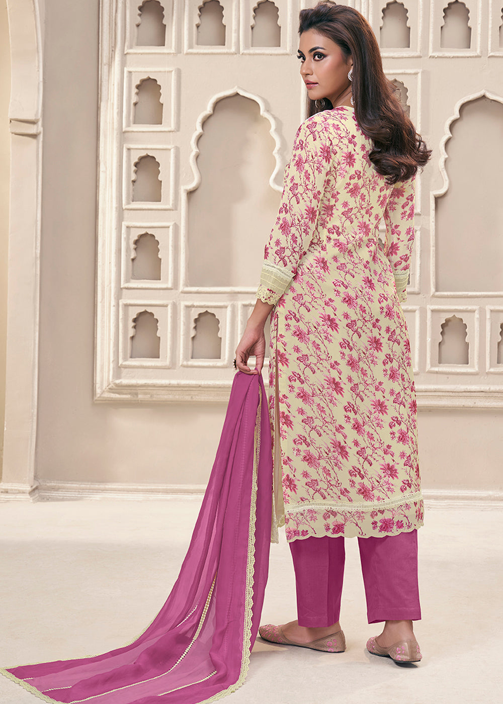 Cream White and Purple Organza Kurta Suit Set Featuring Floral Prints and Threadwork Embroidery