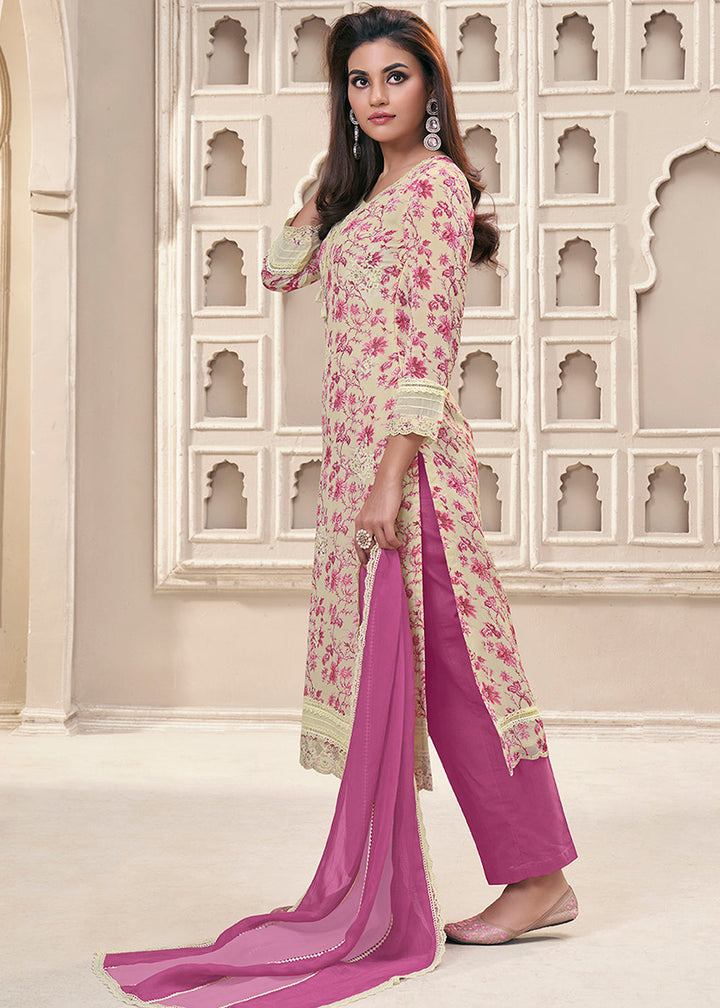 Cream White and Purple Organza Kurta Suit Set Featuring Floral Prints and Threadwork Embroidery