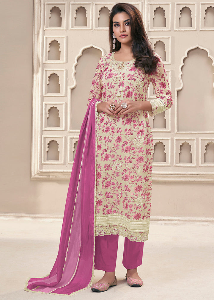 Cream White and Purple Organza Kurta Suit Set Featuring Floral Prints and Threadwork Embroidery