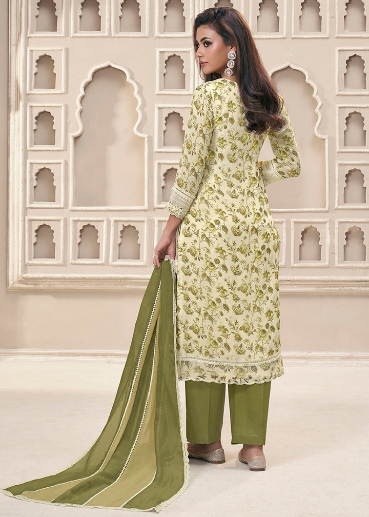 Cream White and Green Organza Kurta Suit Set Featuring Floral Prints and Threadwork Embroidery