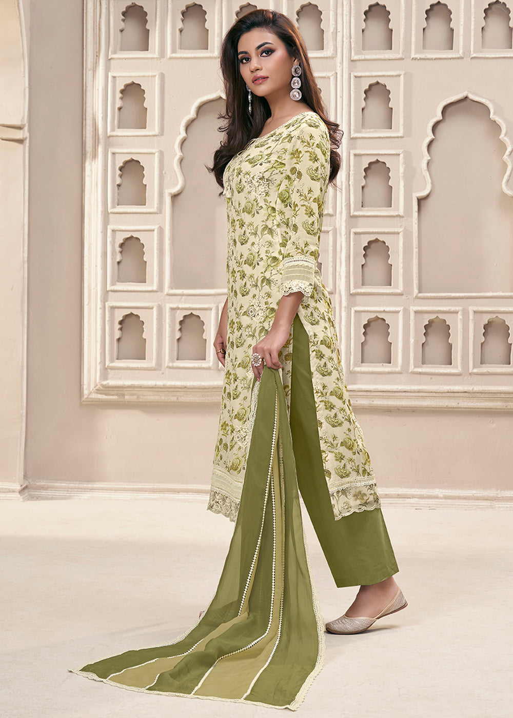 Cream White and Green Organza Kurta Suit Set Featuring Floral Prints and Threadwork Embroidery