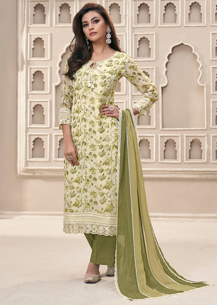 Cream White and Green Organza Kurta Suit Set Featuring Floral Prints and Threadwork Embroidery