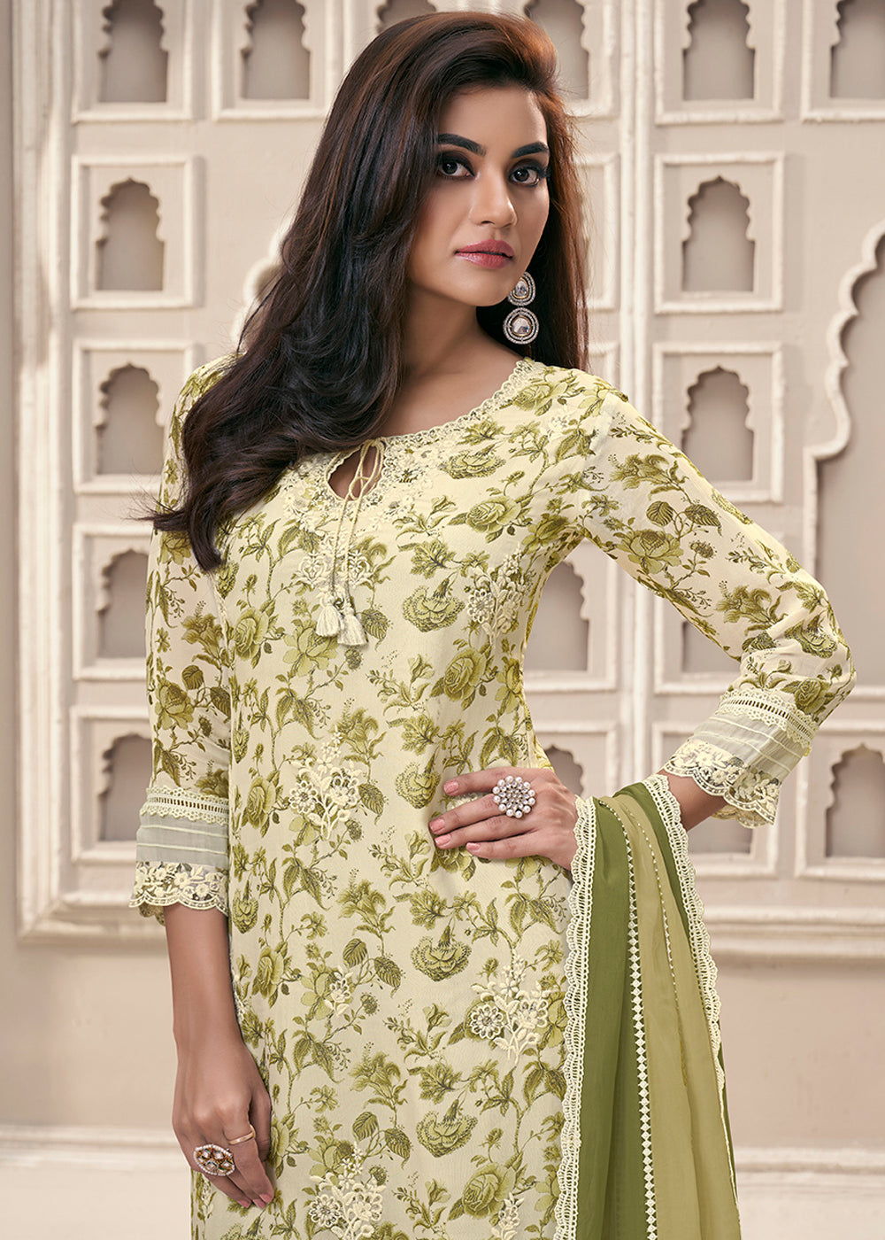 Cream White and Green Organza Kurta Suit Set Featuring Floral Prints and Threadwork Embroidery