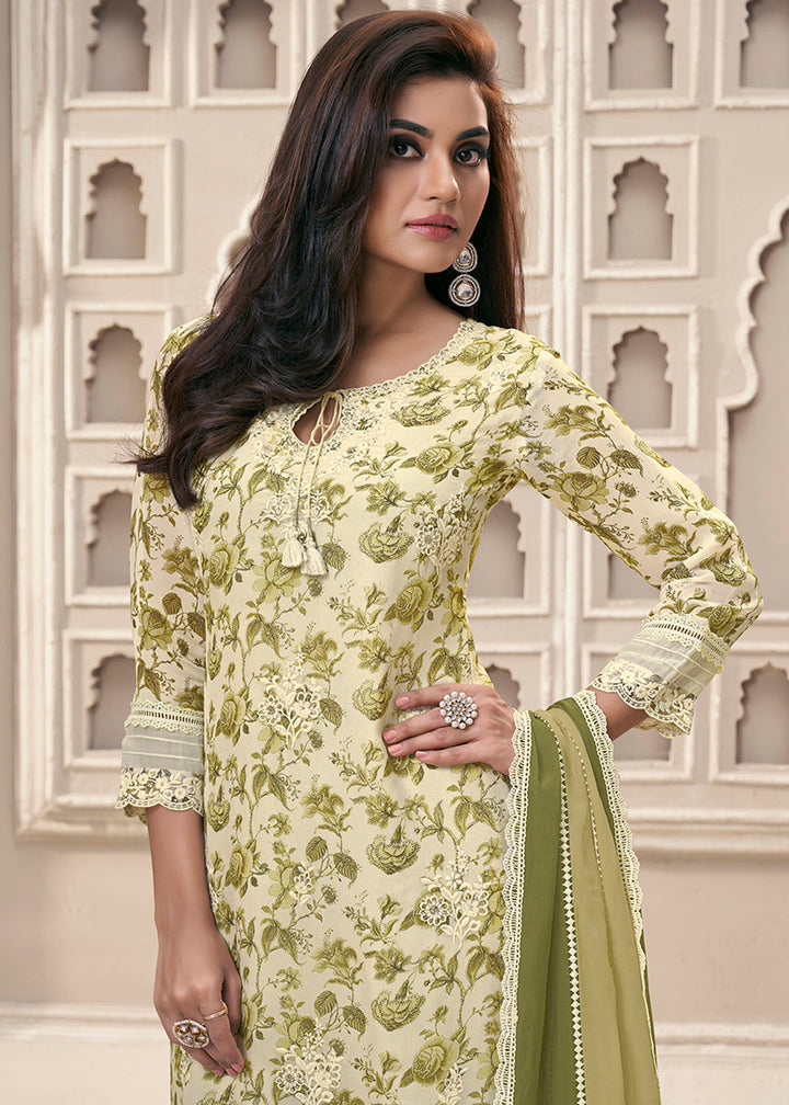 Cream White and Green Organza Kurta Suit Set Featuring Floral Prints and Threadwork Embroidery