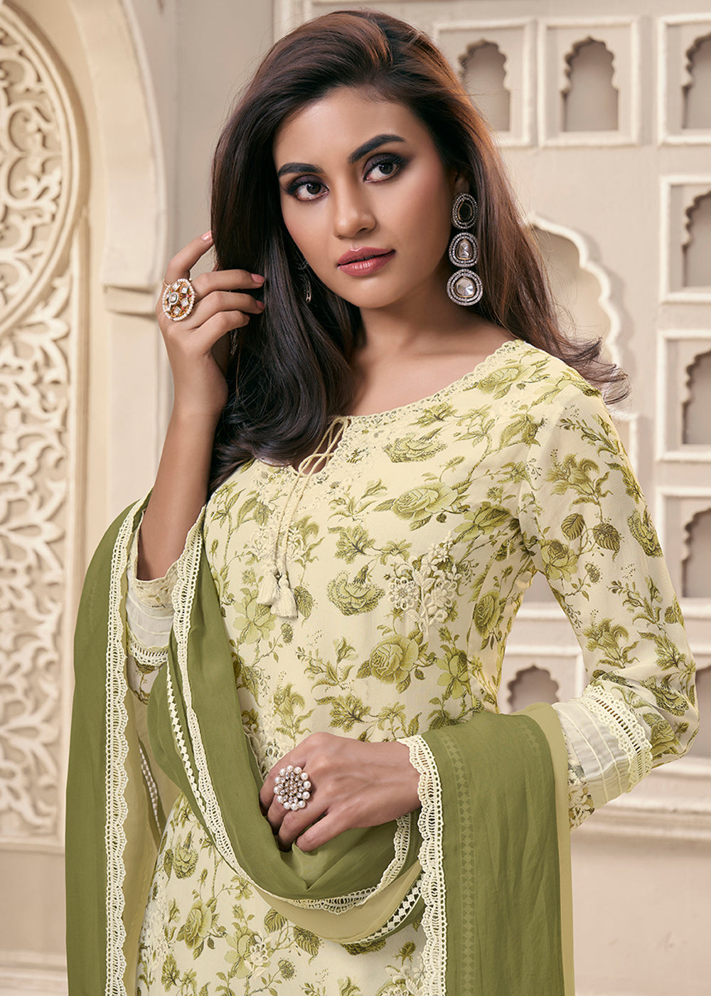 Cream White and Green Organza Kurta Suit Set Featuring Floral Prints and Threadwork Embroidery