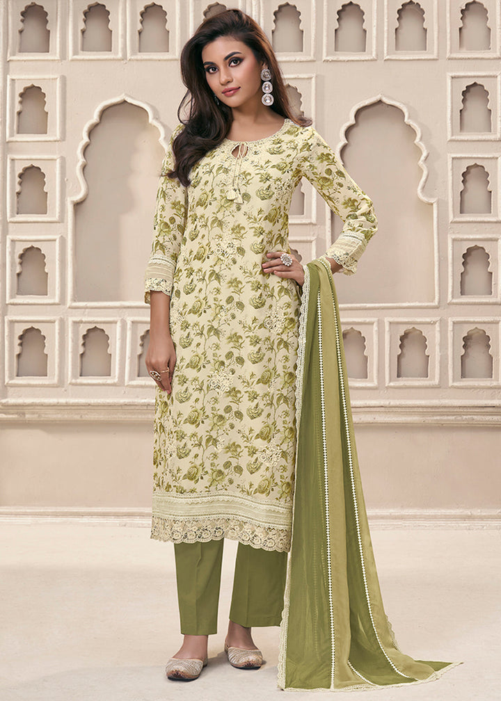 Cream White and Green Organza Kurta Suit Set Featuring Floral Prints and Threadwork Embroidery