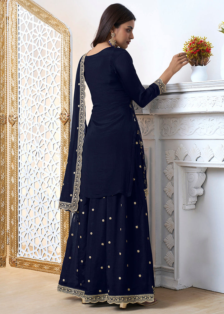 Denim Blue Chinon Silk Floral Jacquard Embroidered Sharara Set