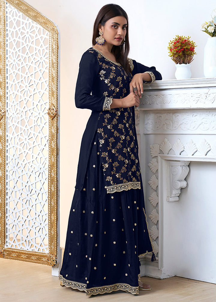 Denim Blue Chinon Silk Floral Jacquard Embroidered Sharara Set