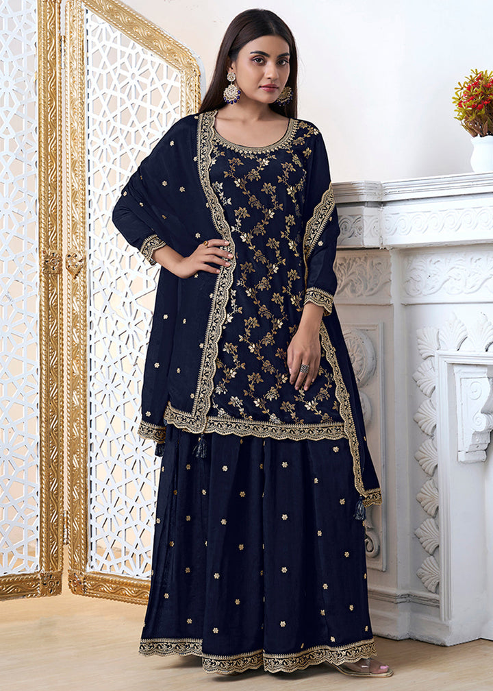 Denim Blue Chinon Silk Floral Jacquard Embroidered Sharara Set