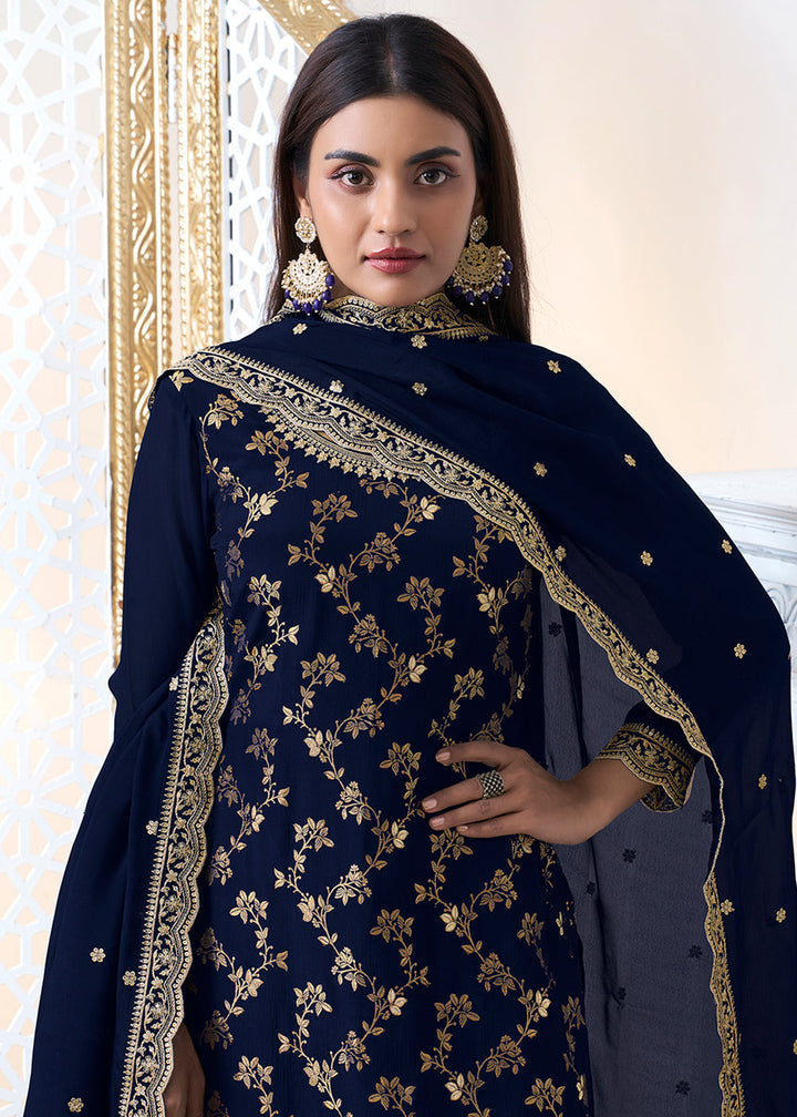 Denim Blue Chinon Silk Floral Jacquard Embroidered Sharara Set