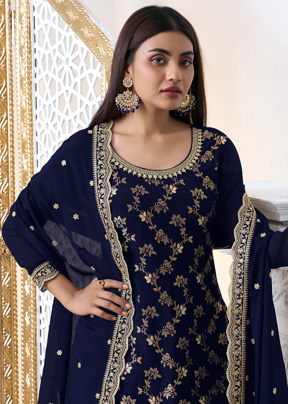 Denim Blue Chinon Silk Floral Jacquard Embroidered Sharara Set