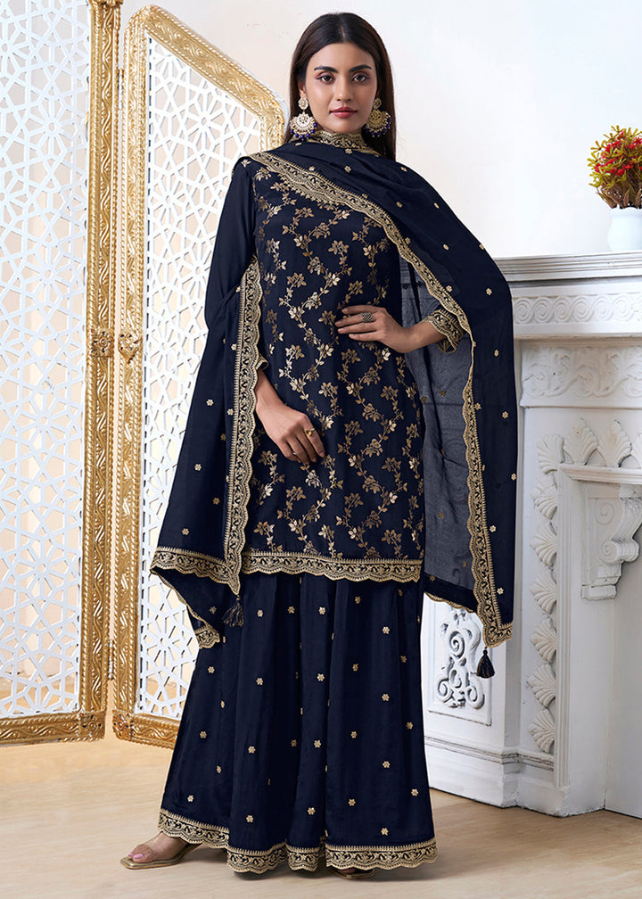 Denim Blue Chinon Silk Floral Jacquard Embroidered Sharara Set