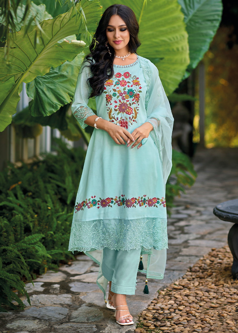 Sky Blue Chanderi Silk Suit Featuring Floral Prints and Elegant Cut Work