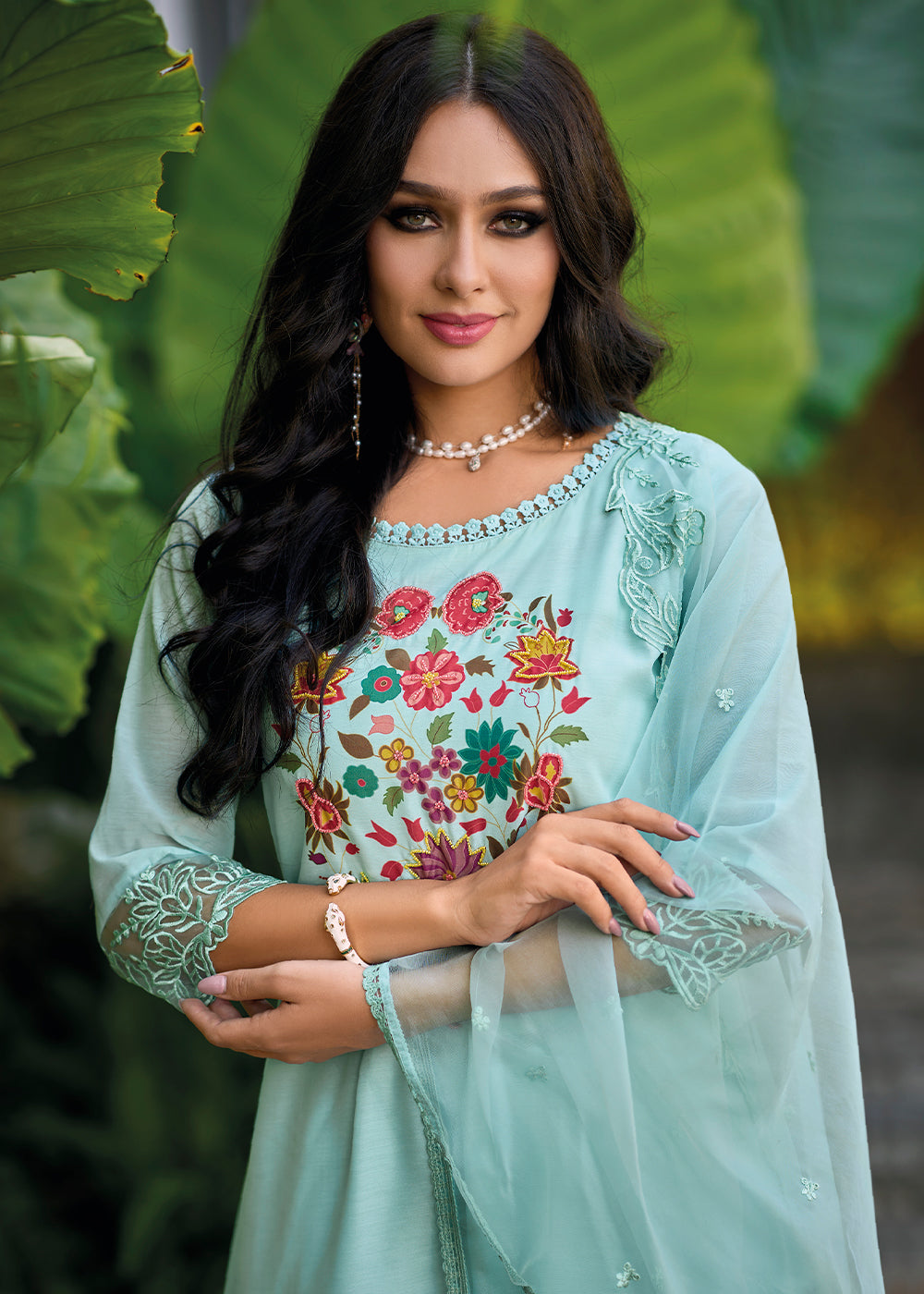 Sky Blue Chanderi Silk Suit Featuring Floral Prints and Elegant Cut Work