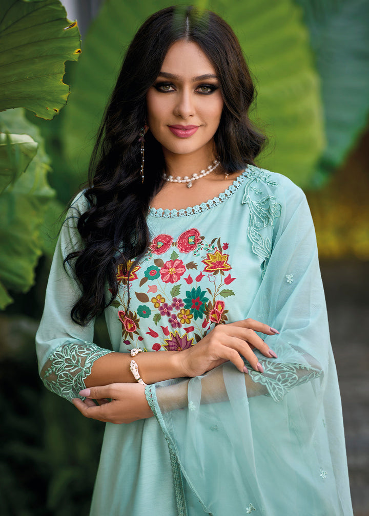 Sky Blue Chanderi Silk Suit Featuring Floral Prints and Elegant Cut Work