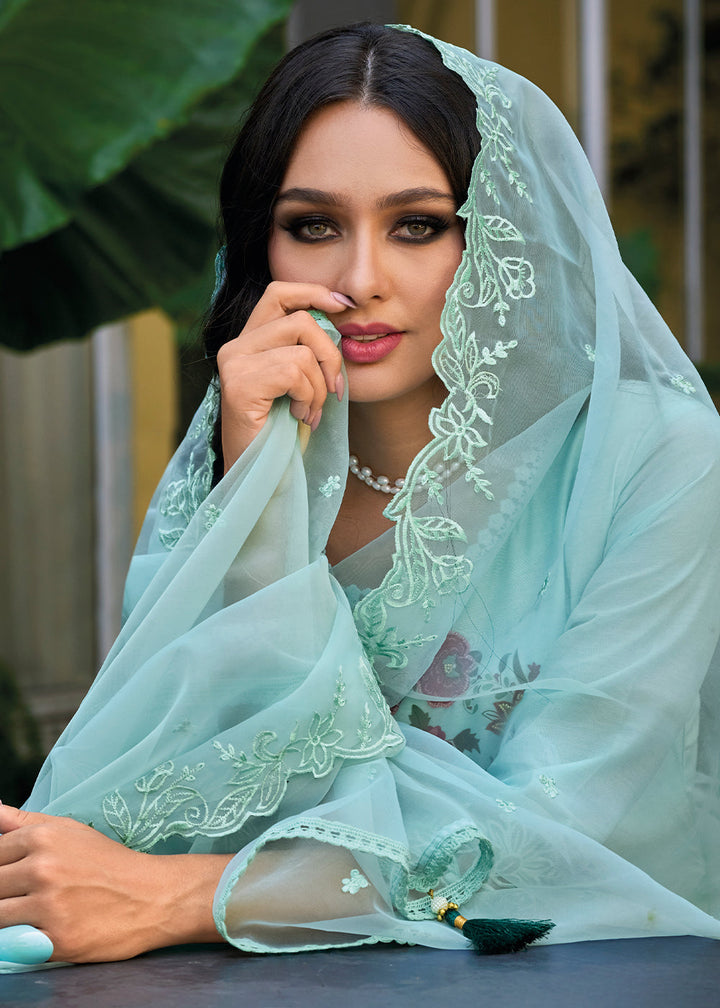 Sky Blue Chanderi Silk Suit Featuring Floral Prints and Elegant Cut Work