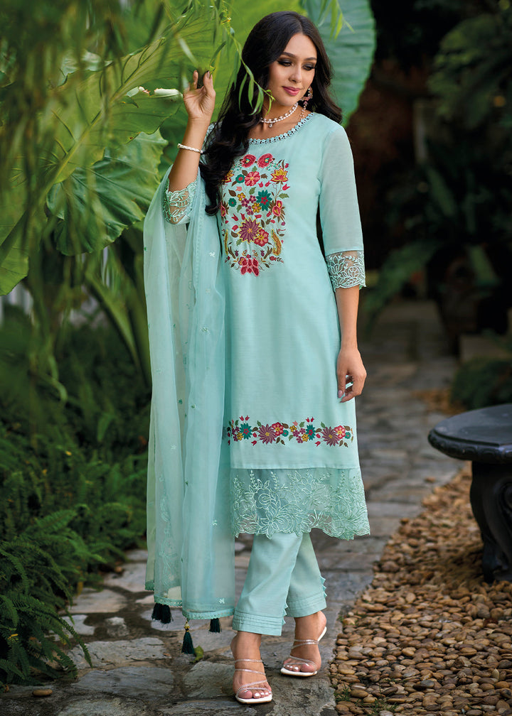 Sky Blue Chanderi Silk Suit Featuring Floral Prints and Elegant Cut Work