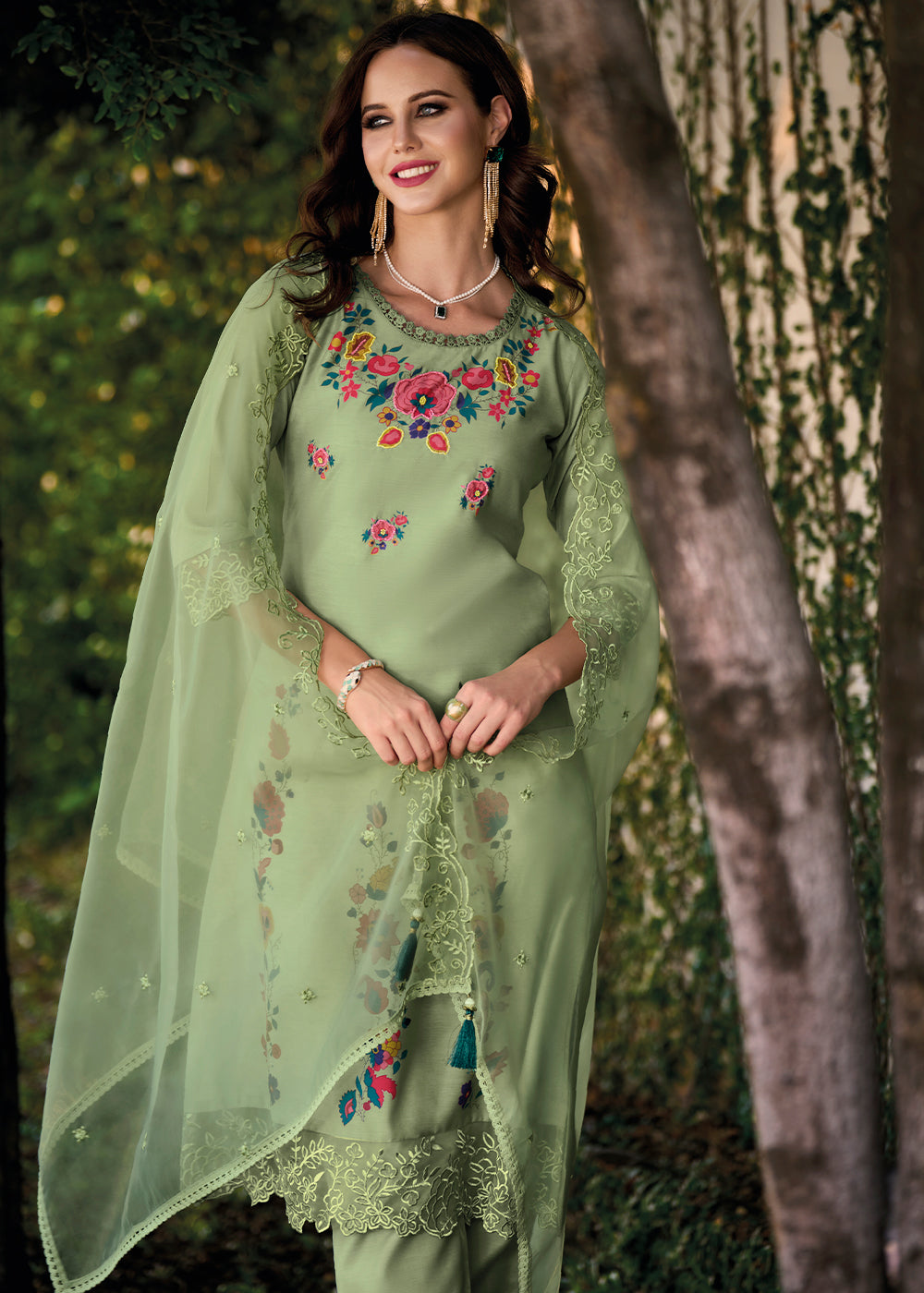 Russian Green Chanderi Silk Suit Featuring Floral Prints and Elegant Cut Work