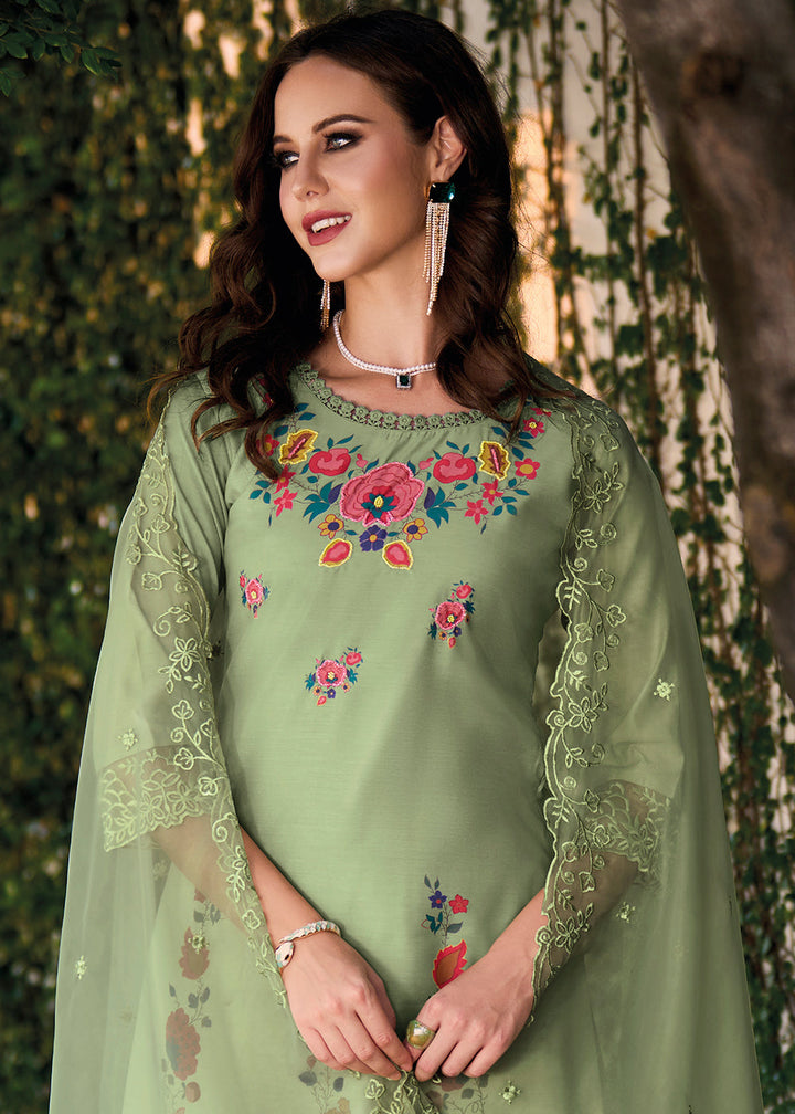 Russian Green Chanderi Silk Suit Featuring Floral Prints and Elegant Cut Work