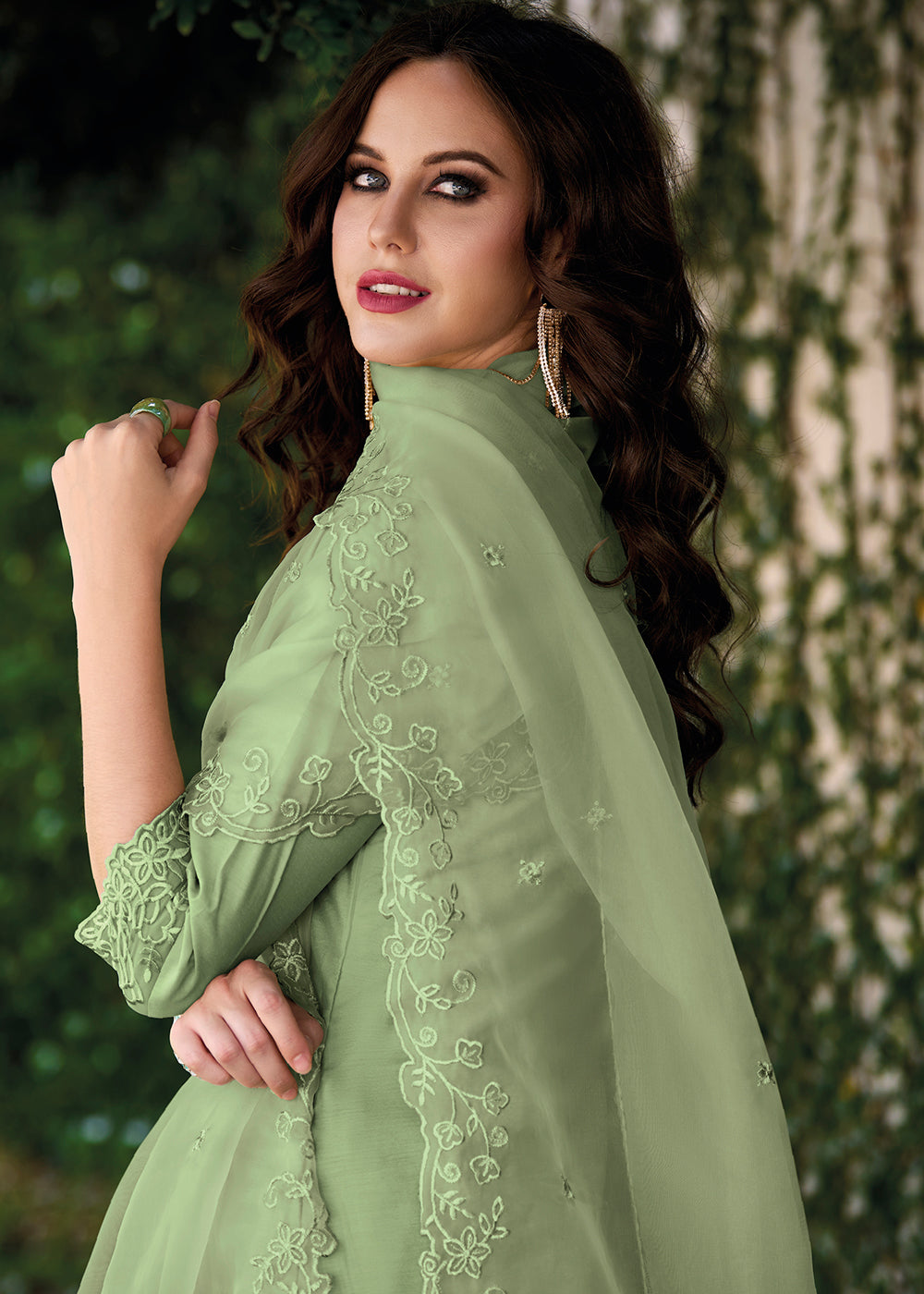 Russian Green Chanderi Silk Suit Featuring Floral Prints and Elegant Cut Work