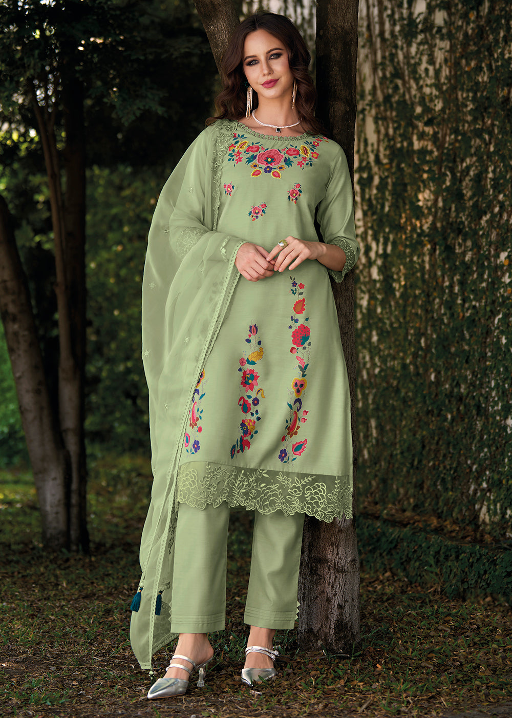 Russian Green Chanderi Silk Suit Featuring Floral Prints and Elegant Cut Work