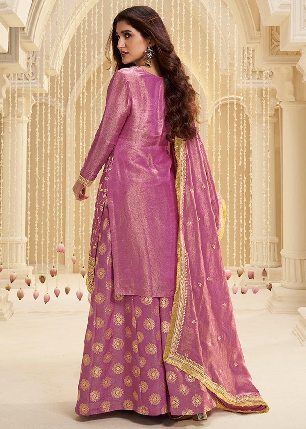 Fandango Purple Tissue Silk Sharara Suit Set with Pitta Work and Gold Jhalar Dupatta