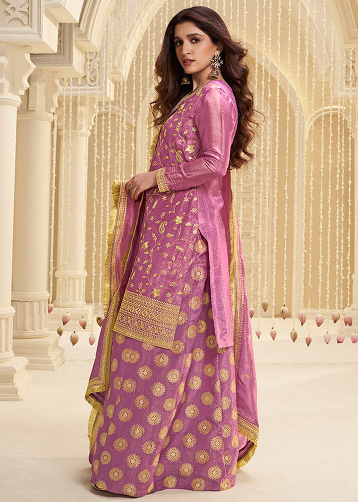 Fandango Purple Tissue Silk Sharara Suit Set with Pitta Work and Gold Jhalar Dupatta