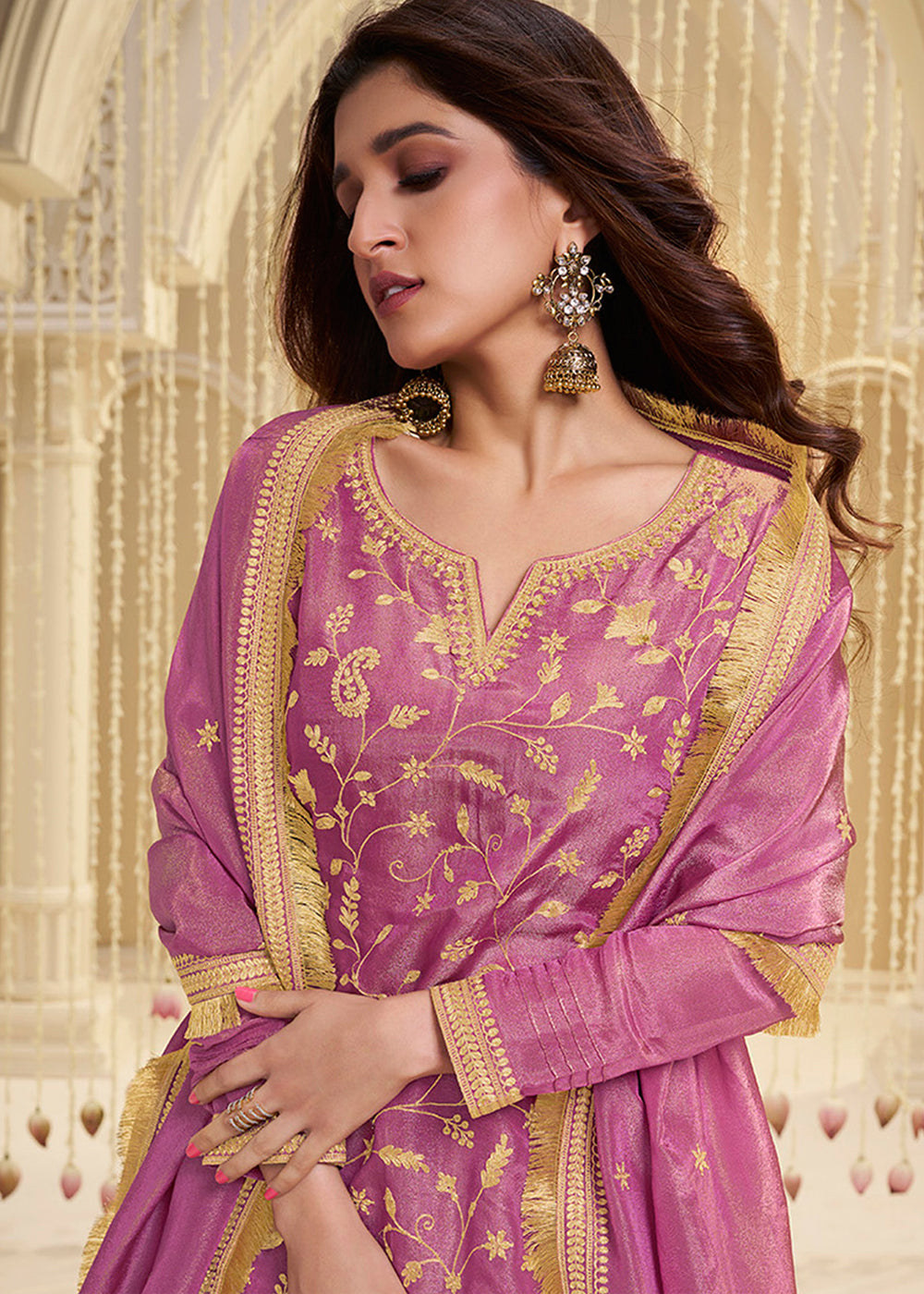 Fandango Purple Tissue Silk Sharara Suit Set with Pitta Work and Gold Jhalar Dupatta