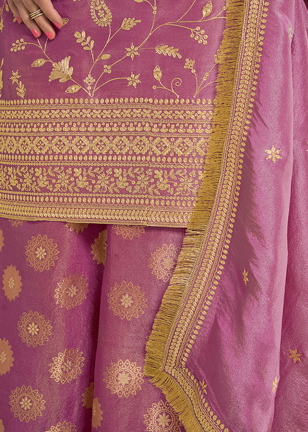 Fandango Purple Tissue Silk Sharara Suit Set with Pitta Work and Gold Jhalar Dupatta