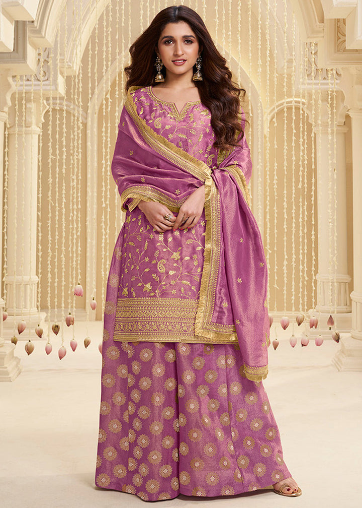 Fandango Purple Tissue Silk Sharara Suit Set with Pitta Work and Gold Jhalar Dupatta