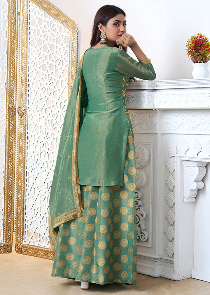 Mantis Green Tissue Silk Sharara Suit Set with Pitta Work and Gold Jhalar Dupatta