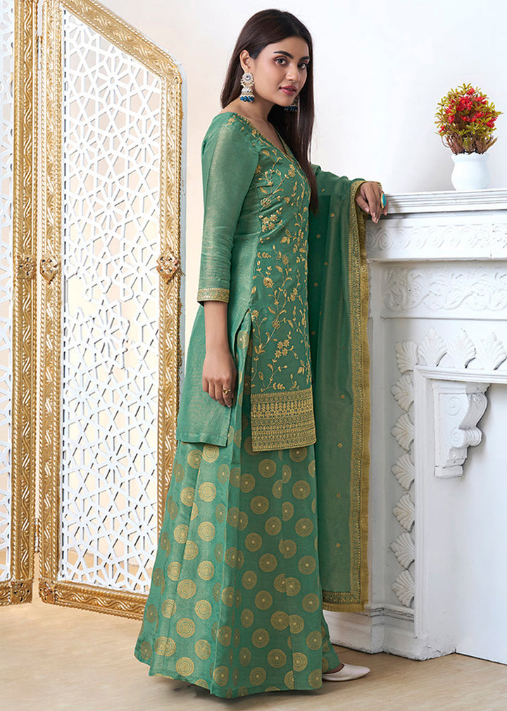 Mantis Green Tissue Silk Sharara Suit Set with Pitta Work and Gold Jhalar Dupatta